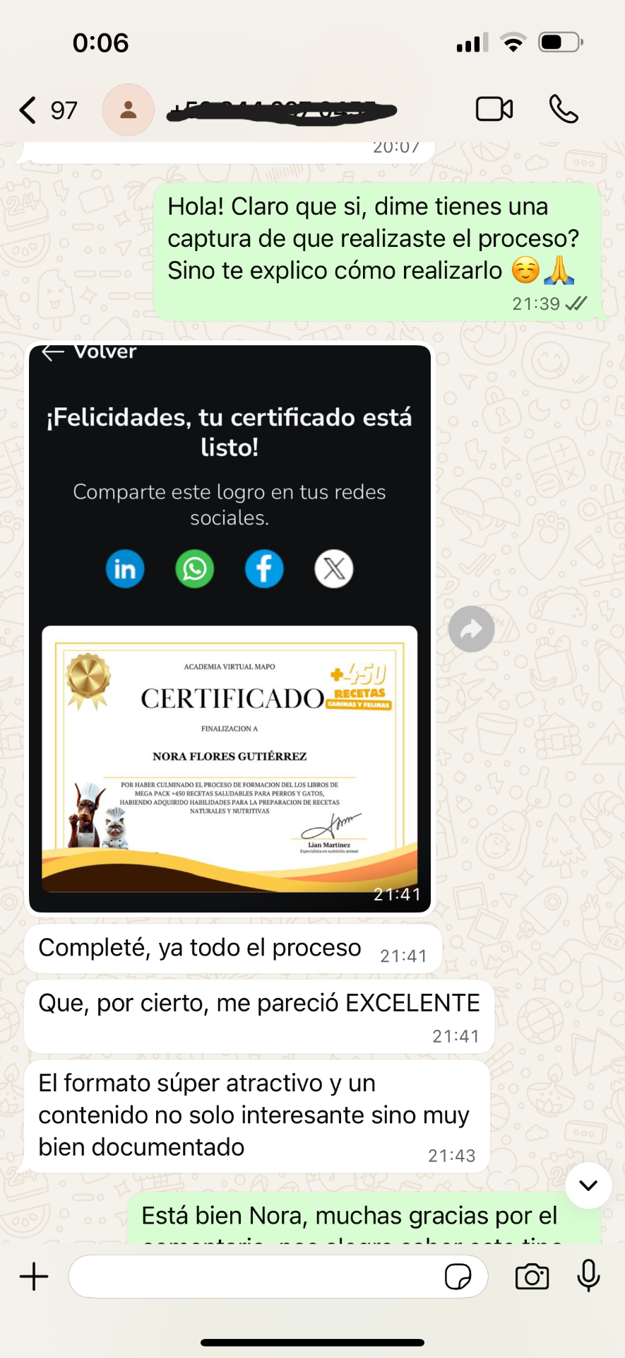 Conversación de WhatsApp con Nora sobre el certificado y el contenido